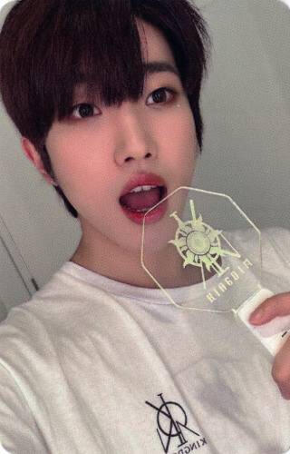 Photocard of Dann pretending to bite the History of Kingdom 7 lightstick.