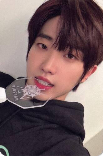 Photocard of Dann wearing a black hoodie and biting a History of Kingdom 7 lightstick