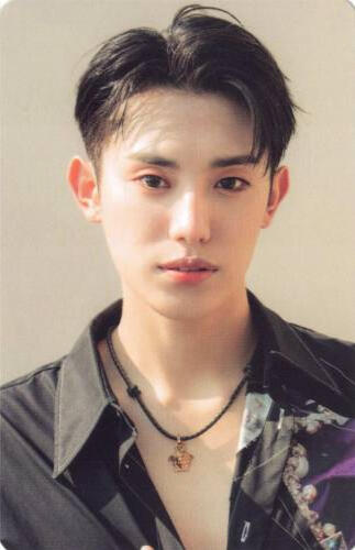Photocard of Mill wearing an open black button up and looking into the camera