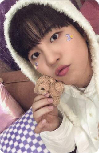 Photocard of Jongho holding a small teddy bear to his cheek