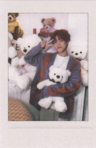 A fake polaroid of Jongseob smiling in a room full of teddy bears