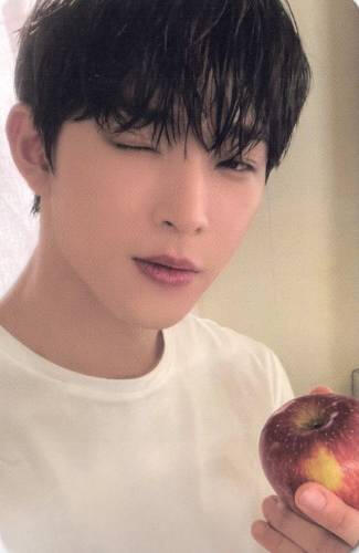 Photocard of Leedo wearing a white t-shirt, winking, and holding an apple