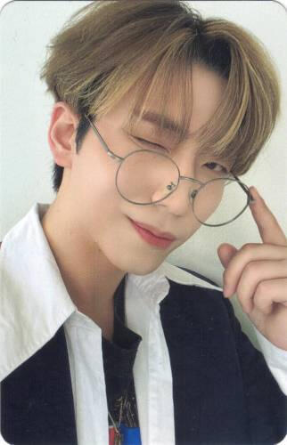 Photocard of Gunil adjusting his glasses with a wink