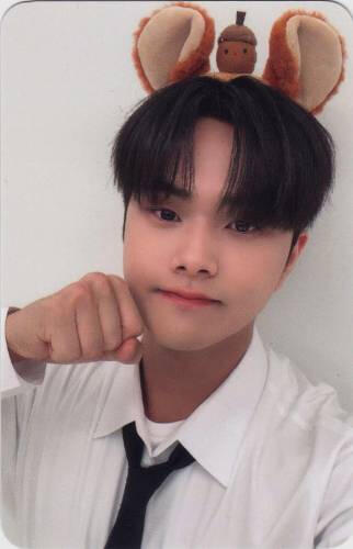 Photocard of Jahan wearing squirrel ears and holding his fist by his cheek