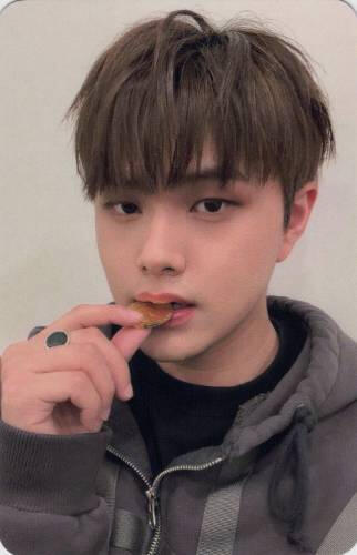 Photocard of Jahan wearing a black hoodie and biting a coin