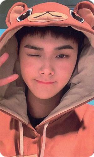 A photocard of Jahan in a bear onesie, winking, and making a peace sign