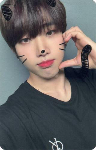 Photocard of Dann making a heart on his cheek with drawn on cat ears and tail