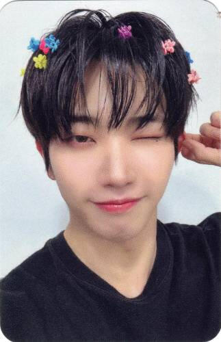Photocard of Dann making a dorky wink with butterfly clips in his hair