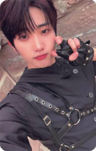 Photocard of Dann wearing a black outfit with leather harnesses, making a peace sign