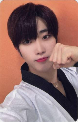 Photocard of Dann in a taekwondo outfit, holding his fist up