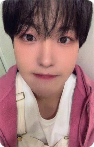 Photocard of Louis looking into the camera with big round eyes