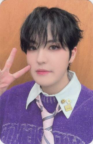 Photocard of Louis wearing a purple sweater and tie and making a peace sign