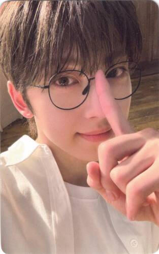 Photocard of Fuma pushing up thin glasses with a smile
