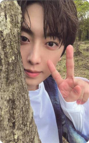 Photocard of Fuma making a peace sign while peeking out from behind a tree