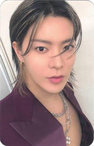 Photocard of Yuta wearing a red suit jacket over no shirt
