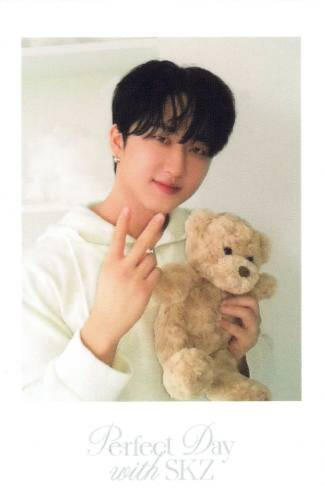 Fake polaroid of Changbin from Stray Kids with a teddy bear