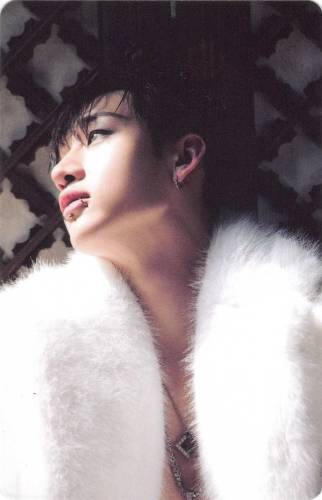 Photocard of Bangchan wearing a fur coat and looking up to the side