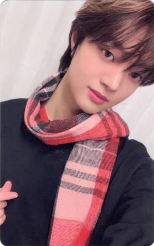 Photocard of Euijoo wearing a red scarf and making a finger heart