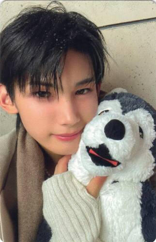 Photocard of Jo making a scrunched smile while holding a dog plushie